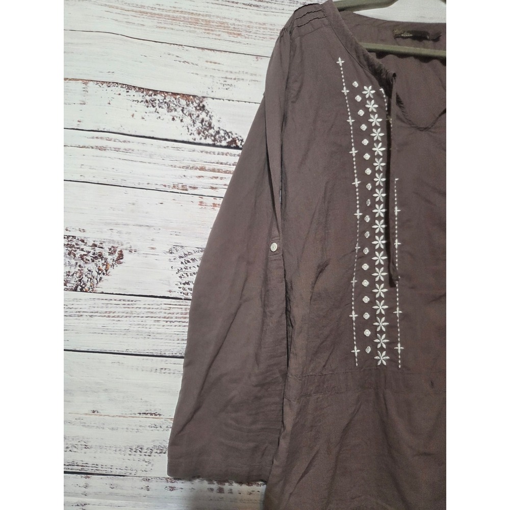 Prana Womens Brown Embroidered Cotton Tunic Top Long Sleeve Roll Tab Boho M - Picture 5 of 8